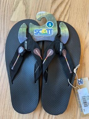 Scott Black Flip Flops with Feather Strap Graphic